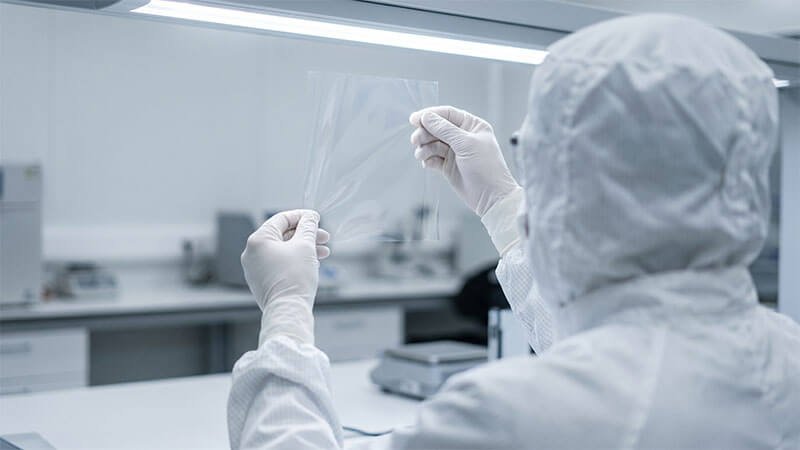 Cleanroom technician inspecting a transparent release liner film for surface defects