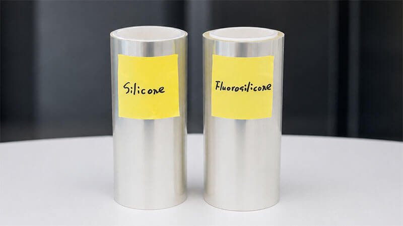 Two release liner rolls side by side labeled Silicone and Fluorosilicone