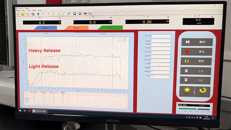 Peel test software screen with two release force curves labeled Heavy Release (higher) and Light Release (lower)