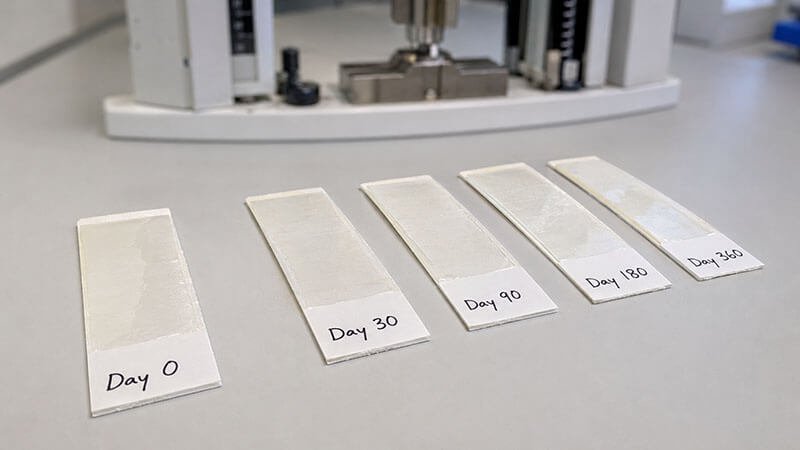 Release liner aging test samples labeled Day 0, 30, 90, 180 and 360