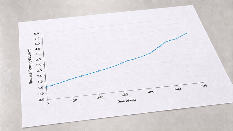 Line graph of release force in N per 25 mm rising over time in days