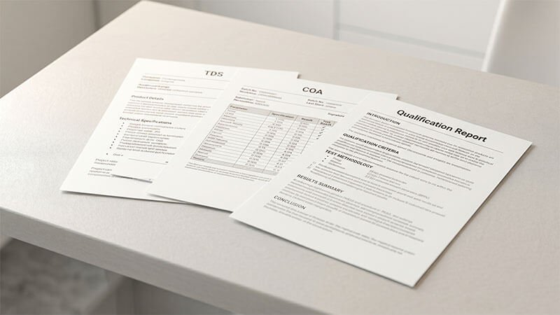 TDS, COA and Qualification Report documents laid out on a table