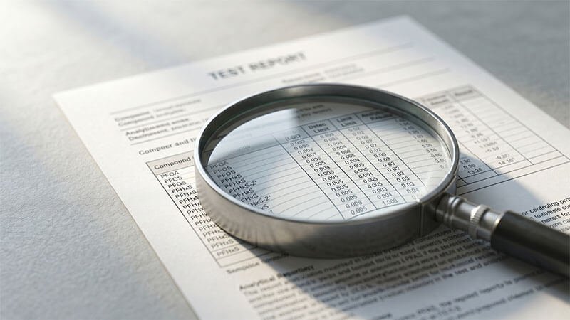 Magnifying glass over a PFAS test report listing PFOA, PFOS and related compounds
