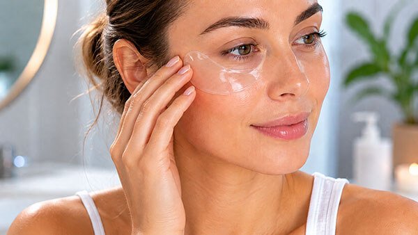 Silicone cosmetic under-eye patch applied to a woman's face.