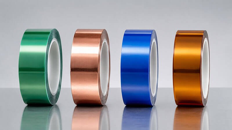 A row of industrial adhesive tape rolls including green silicone masking tape and copper foil EMI-shielding tape