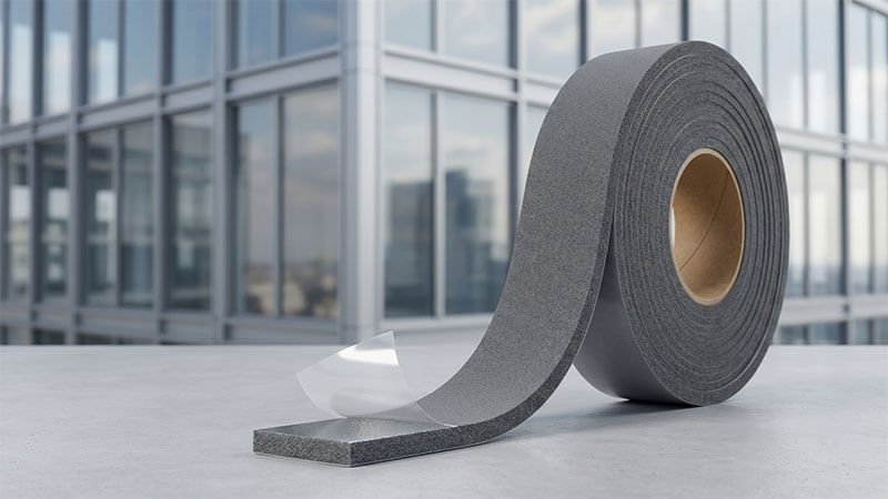 Thick double-sided foam mounting tape with release liner peeling away, against a glass building facade