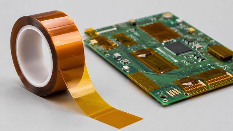 Amber polyimide masking tape roll beside a green circuit board with tape applied