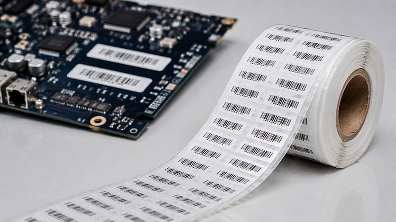 A roll of white barcode labels on a release liner with a circuit board carrying the same labels in the background