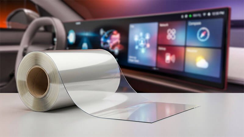 Roll of transparent optical clear adhesive film with an automotive display screen behind