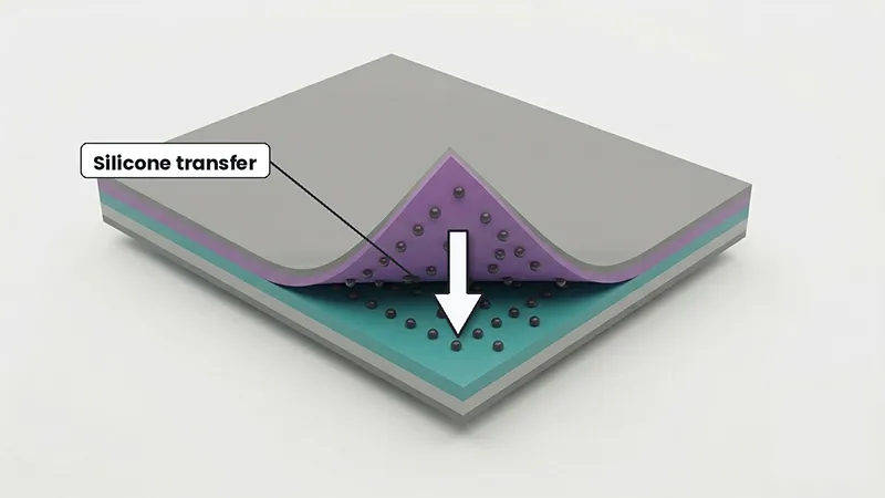 Cutaway diagram of a release liner laminate with an arrow labelled "Silicone transfer" pointing from the silicone release-coating layer to the adhesive layer, where scattered dark particles mark the interface