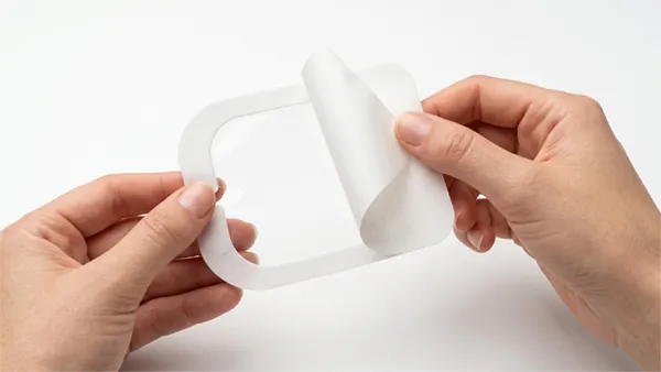 Hands peeling the white release liner off a transparent IV catheter securement dressing, revealing the clear adhesive film