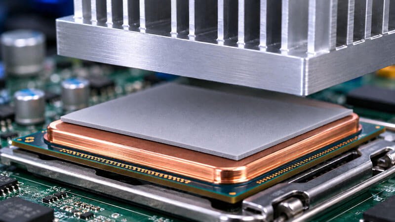 Thin thermal interface silicone pad on a CPU and copper heat spreader with a heat sink above — fluorosilicone release liner for thermally conductive silicone pads