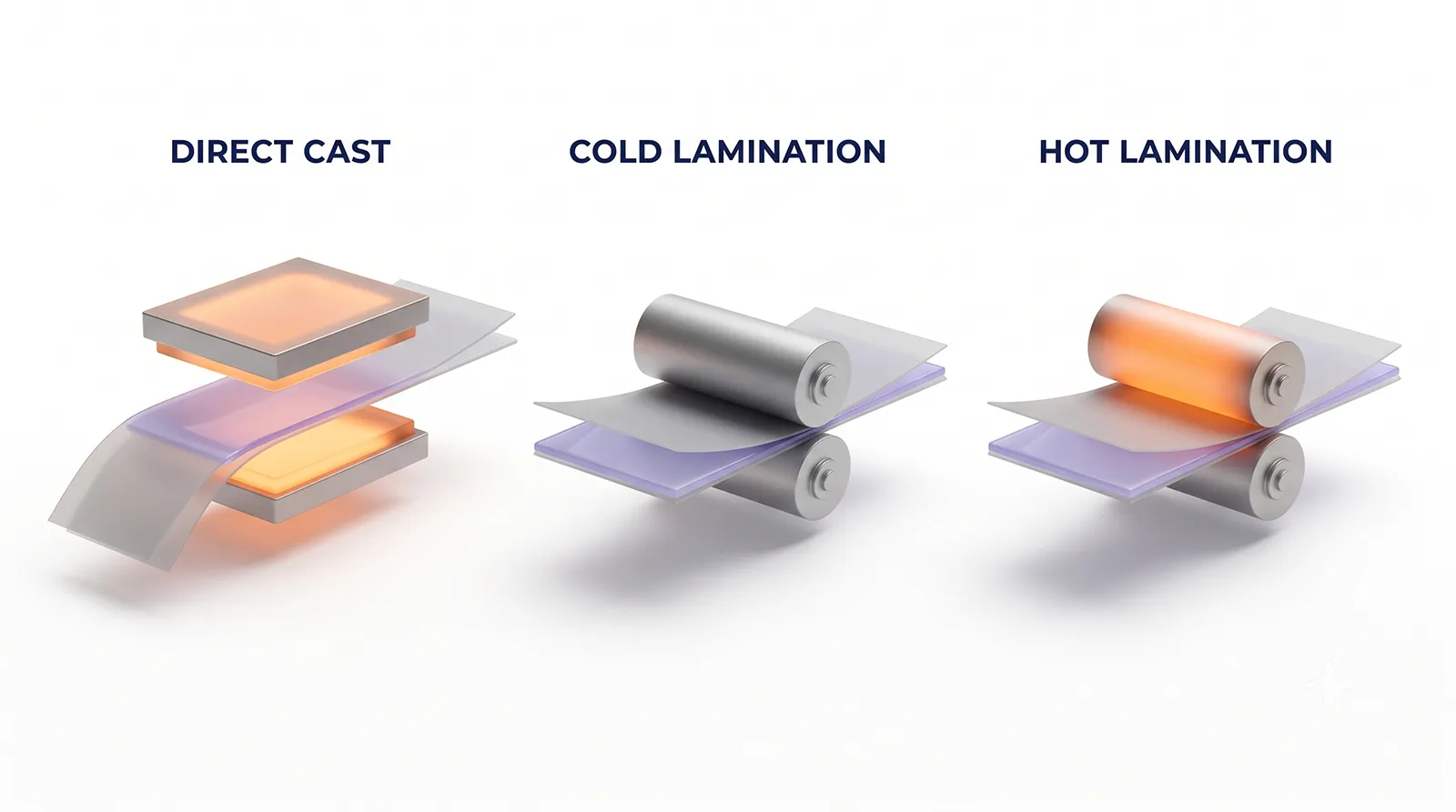 3D rendered diagram comparing three release liner processes — Direct Cast, Cold Lamination, and Hot Lamination — showing the liner and adhesive layers and where heat is applied