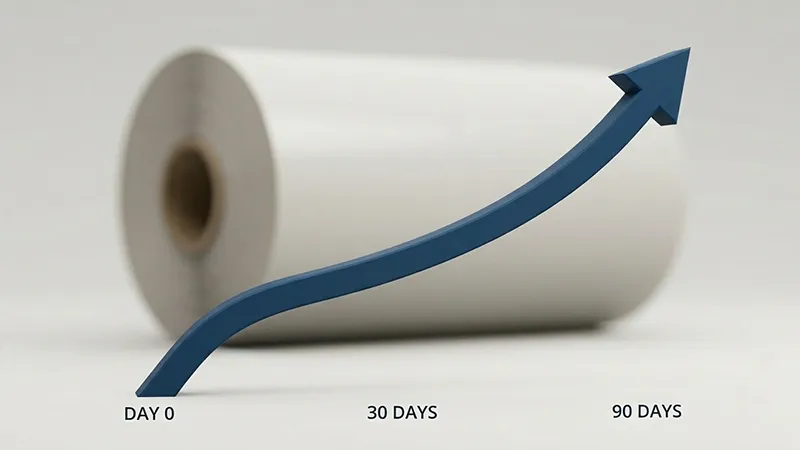 Three-dimensional blue arrow rising past time markers labeled Day 0, 30 days, and 90 days, in front of a blurred white release liner roll