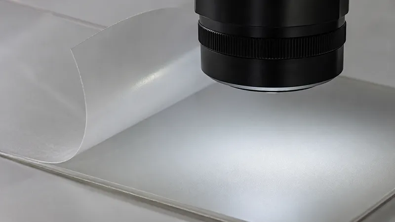 A transparent film peeled back from a smooth surface with an inspection lens positioned over the exposed surface beneath