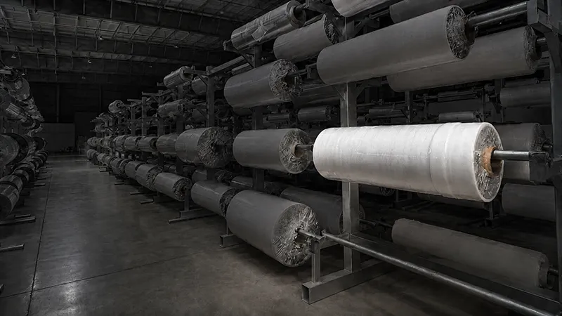 A single release liner roll on a warehouse storage rack lit brightly while rows of identical rolls recede into shadow