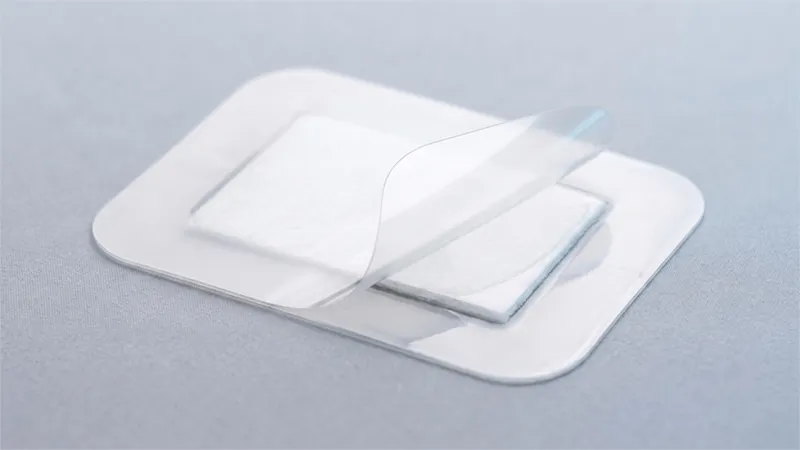 A medical island dressing lying flat with one half of its release liner peeled up to reveal the adhesive and central pad beneath