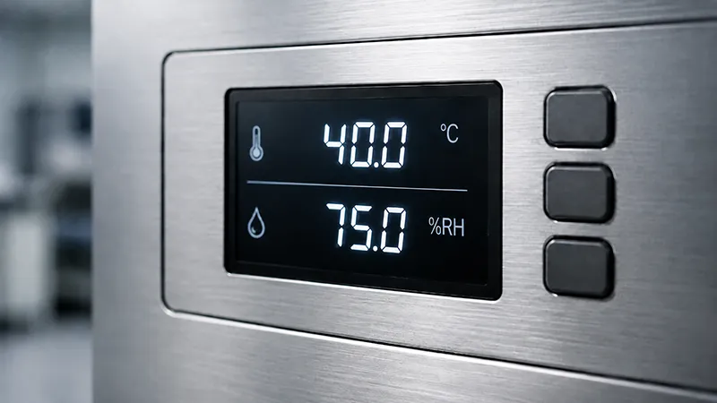 Close-up of an environmental chamber control panel displaying a set temperature and relative humidity value