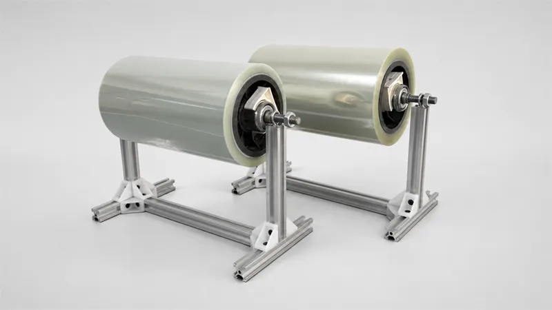 Two rolls of the same release liner film mounted side by side on identical stands, appearing indistinguishable from each other